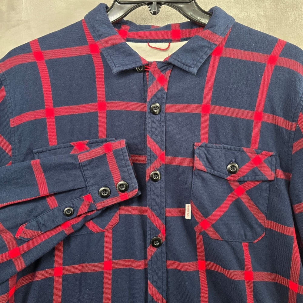 Topo Designs Mens Large Flannel Shirt Navy Red Plaid Organic Cotton Long Sleeve